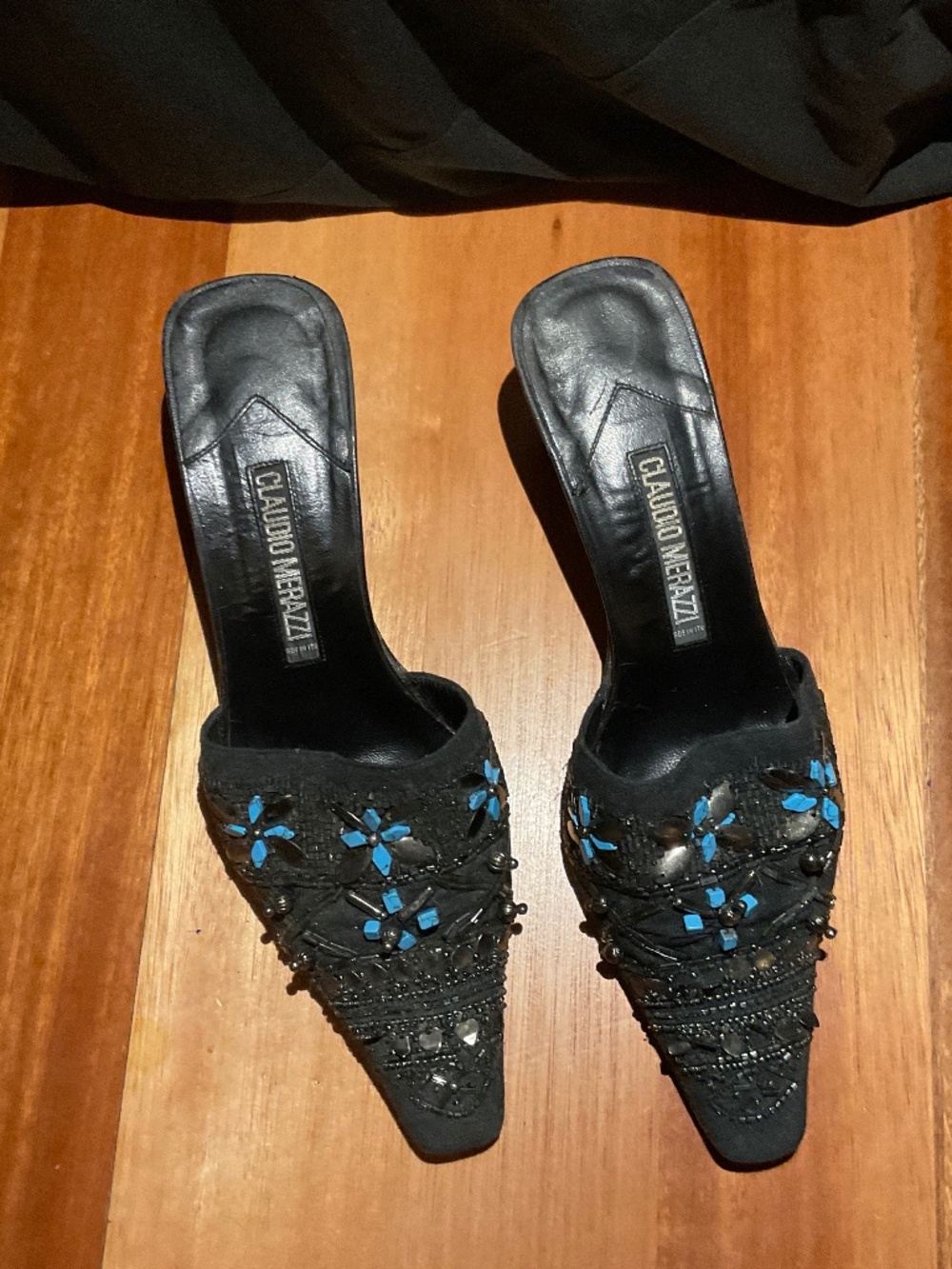 Claudio Merazzi heels. Beaded black turquoise and silver bling. Size 37.5.  7.5.